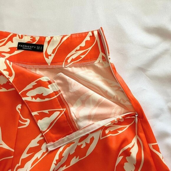 FAERIESTY ORANGE WHITE PRINTED ASYMMETRICAL PALAZZO WIDE LEG FLOWY SUMMER PANTS - Picture 8 of 11